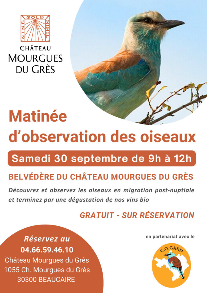 Affiche de présentation de la matinée d'observation ornithologique au domaine Mourgues du Grès